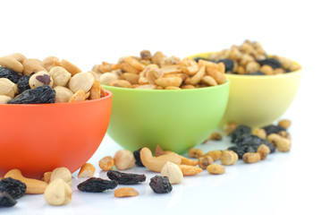 Mixed snacks in colorful bowls
