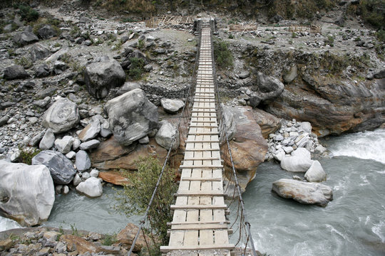 Wooden suspension bridge, annapurna, nepal