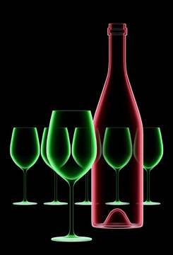 X-ray image of wine glasses with bottle