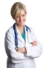 friendly doctor over white background