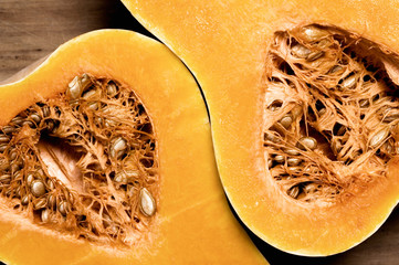 Pumpkins on wooden table.