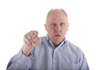 Angry Man in Blue Shirt Pointing at Camera