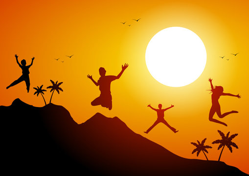 Tropical landscape and happy people having fun at sunset