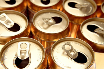Open aluminum drink cans closeup