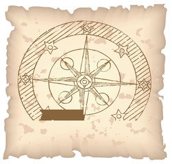 Old compass on paper background. Vector illustration.