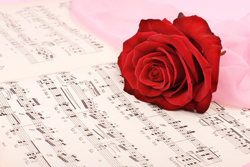 Old musical notes with a single rose on top.