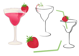 Drink glasses with strawberry and straw.