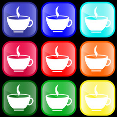 Icon of a cup of hot drink on shiny buttons