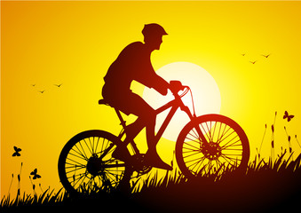Naklejka na ściany i meble Mountain bike in a meadow at sunset