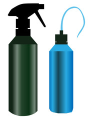 Bottles, a green spray bottle and a blue nozzle style