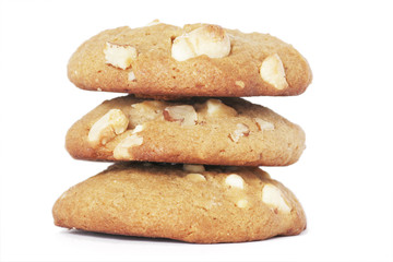 Fototapeta na wymiar Three Cookie Biscuits With White Chocolate And Nuts