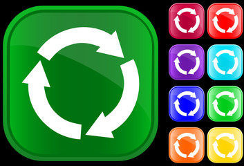 Recycling symbol on shiny square buttons