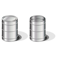Open and closed metallic barrels over white background