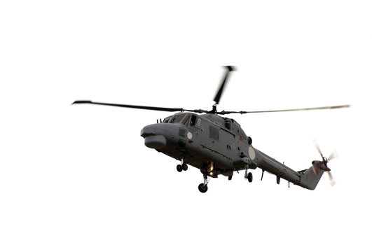 Helicopter flying on white background