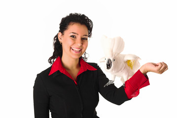 Cockatoo and lady smiling