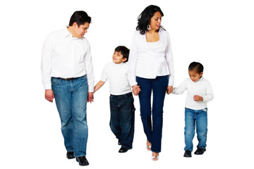 Fototapeta premium Isolated family taking a walk talking holding hands