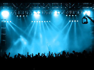 Cheering crowd at concert, musicians on the stage - obrazy, fototapety, plakaty