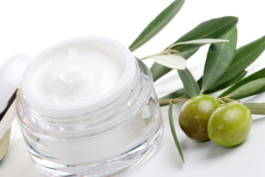 Face cream and olive twig
