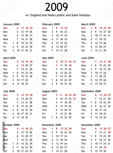 "2009 Calendar with holidays for England and Wales" Stock photo and ...