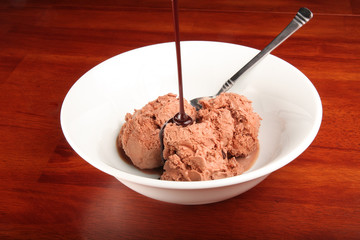 Bowl of chocolate ice cream with chocolate sauce