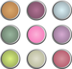 Neun glänzende runde Website-Buttons in weichen Farben
