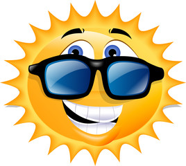 An illustration of the sun, wearing sunglasses and grinning.