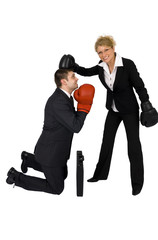 Businesswoman and businessman boxes around the suitcase.