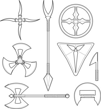 collection of exotic vector weapon and shield line art