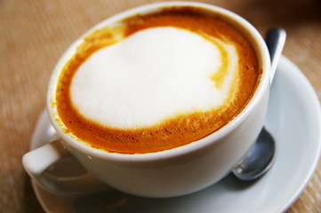 Closeup of a cup of  frothy cappuccino coffee