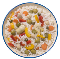 plate of white rice and various ingredient
