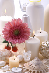 Fototapeta na wymiar Bath accessories, candles, mussels and flower.
