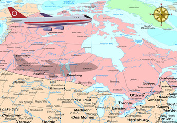 Travel conceptual illustration: a plane flying over Canada map