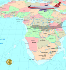 Travel conceptual illustration: a plane flying over Africa map