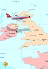 Fototapeta premium Travel conceptual illustration: a plane flying over UK