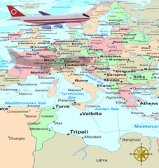 Travel conceptual illustration: a plane flying over Europe map