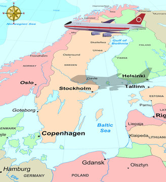 Travel conceptual illustration: a plane flying over Scandinavia