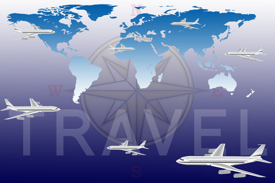 Travel conceptual illustration with world map and planes