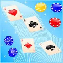 Vector illustration of casino elements: cards, chips and dice.