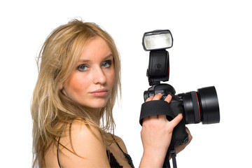 Portrait of a beautiful young blond female with camera