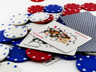 Red White and Blue Poker Chips with Red and Black Jokers