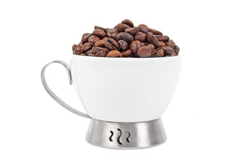 Cup of coffee beans isolated on white background