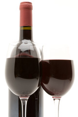 red wine bottle with two glasses of red wine
