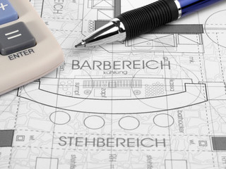 Bauplan Restaurant mit Taschenechner - Bar / Stehbereich