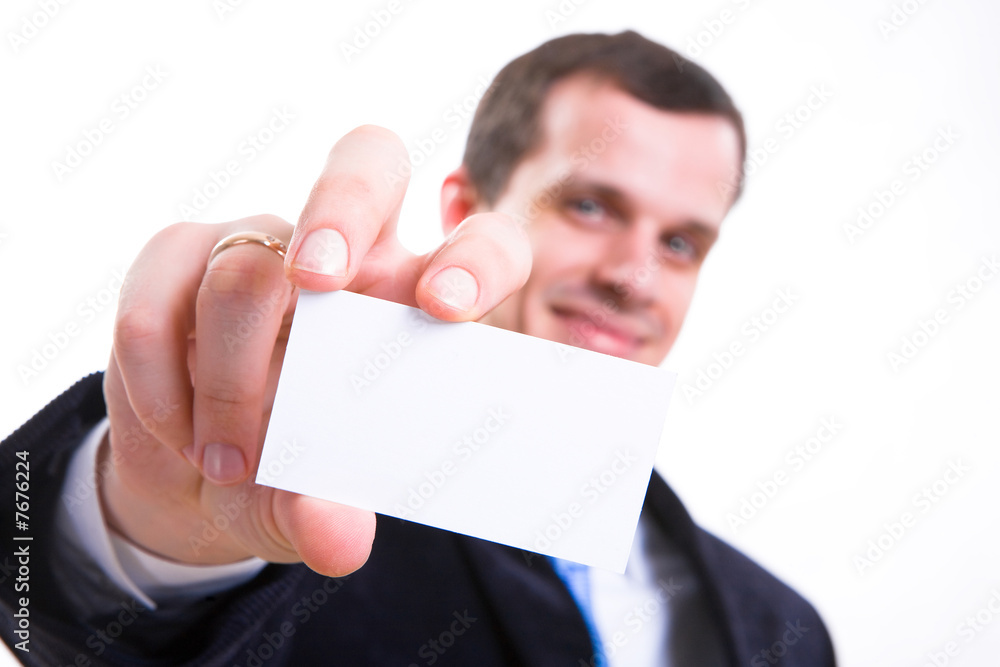 Wall mural man in suit with visiting card. smile