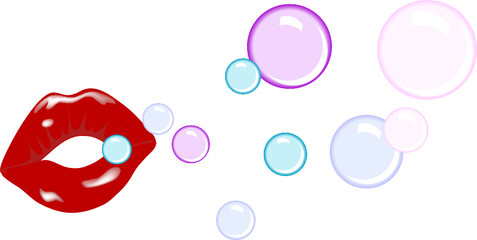 Red lips with soap bubbles
