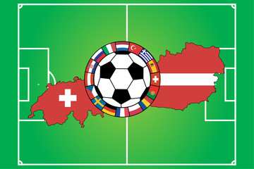 vector of soccer field with ball and 16 flags, Euro 2008