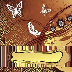 Background with flowers and butterflies. Coffee.