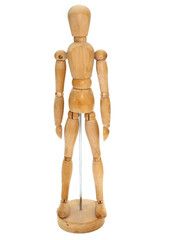 Wooden Artist dummy model against a white background