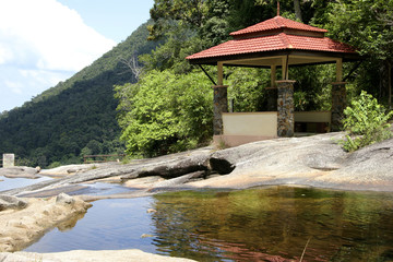 Fototapeta na wymiar Far Eastern mountain stream and Pagoda