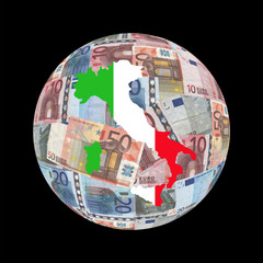 Italy map flag on euros globe